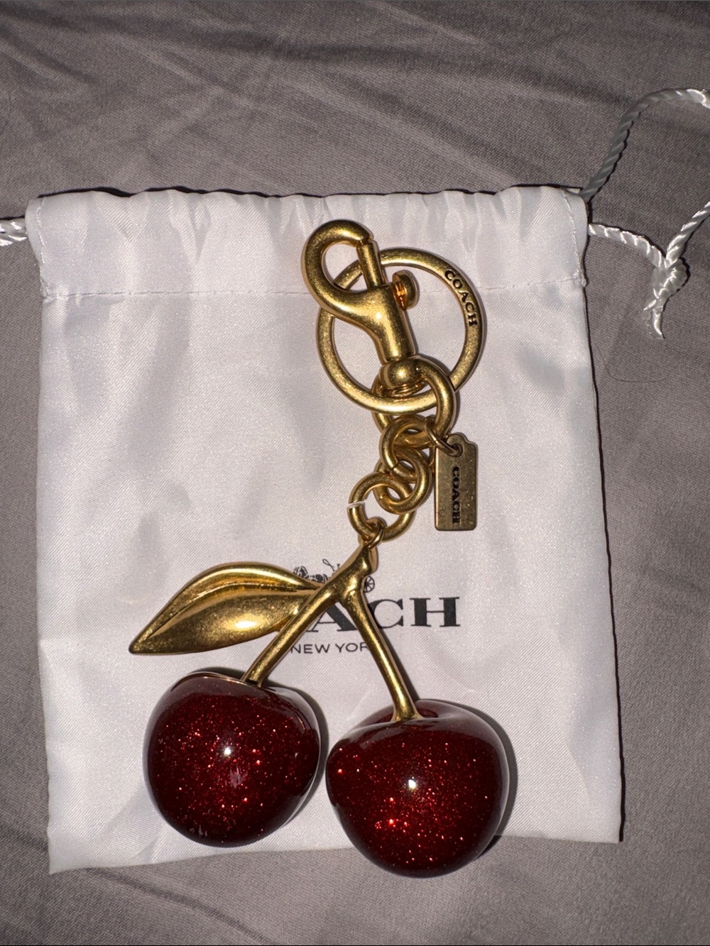 Coach Gold-Tone Cherry Bag Charm with Deep Red Enamel Cherries - Picture 2 of 2